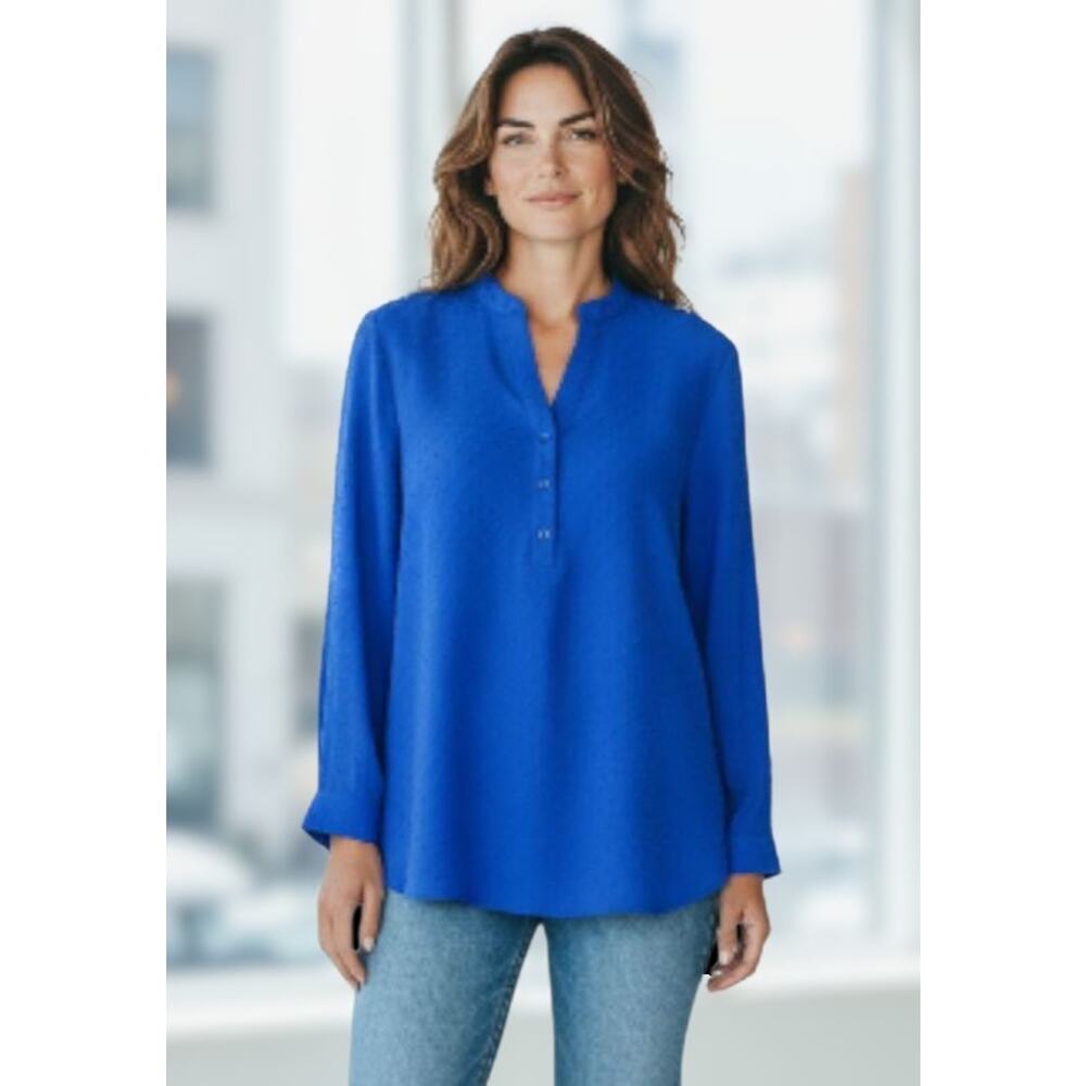 Paradis Forever Large L Long-Sleeve Tunic Blue Button-Up V-Neck Textured Blouse